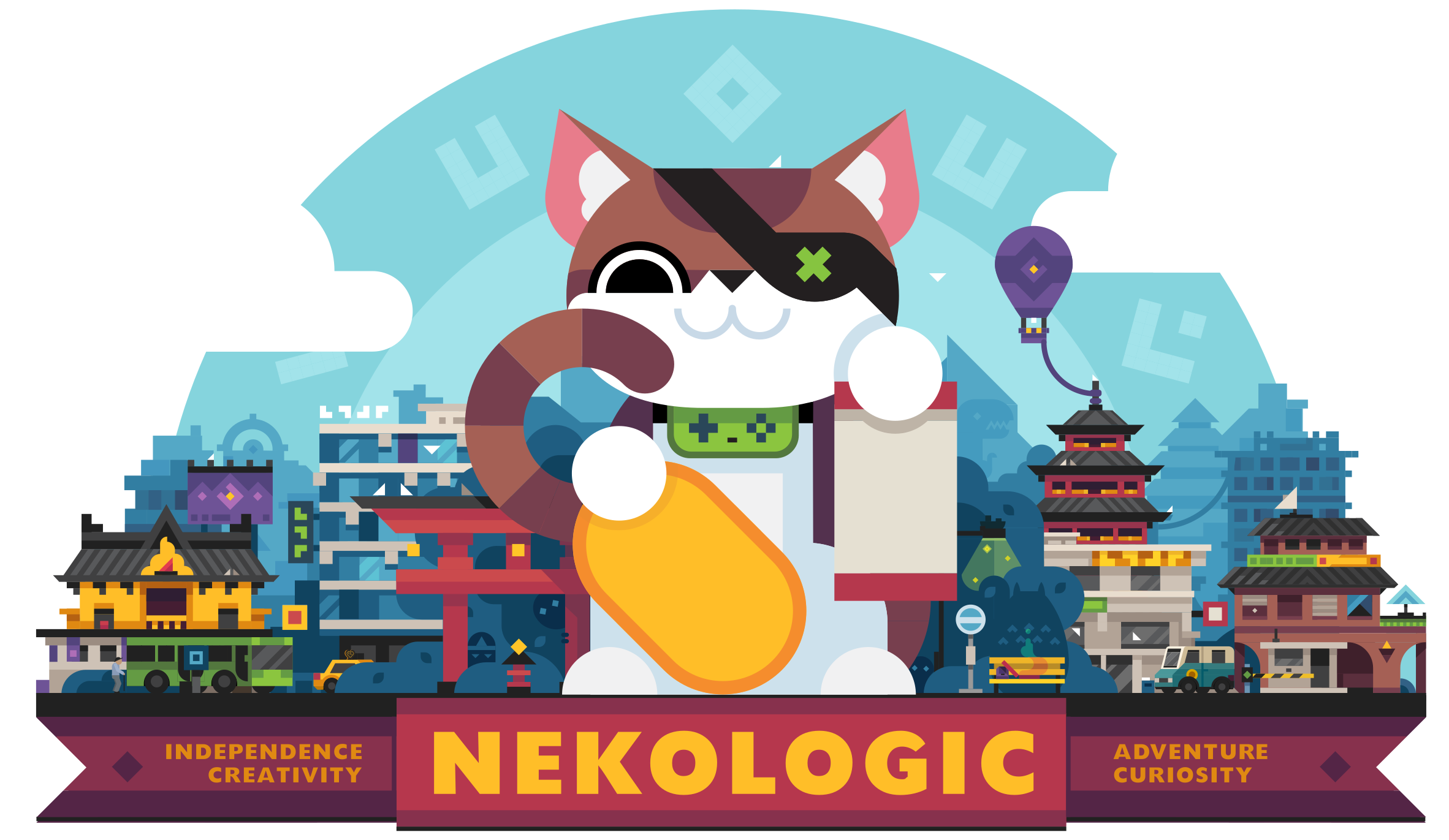 Nekologic illustration: A big cat in the city of Kyoto in pixel art